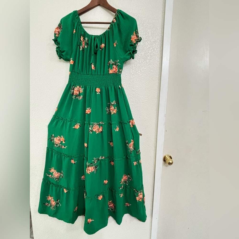 Anthropologie Kindred Green Floral Embroidered Smocked Tiered Cottagecore Maxi - Picture 6 of 11